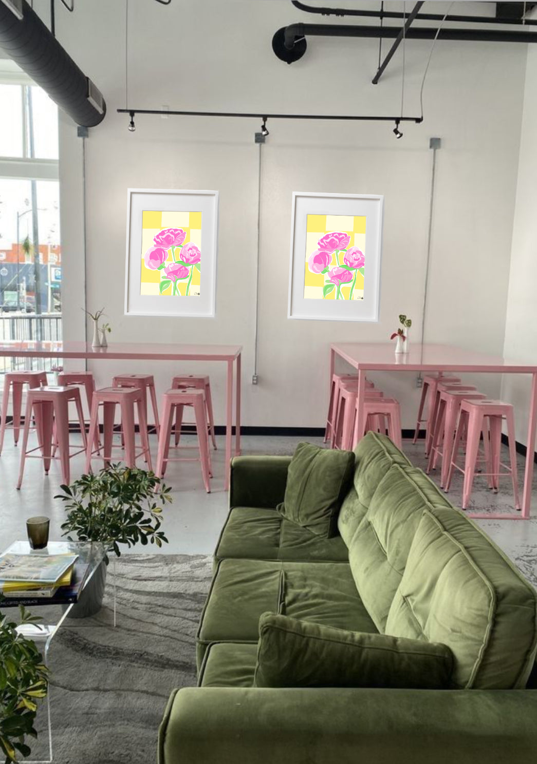 Bright peony floral wall art adding colour to a modern home interior