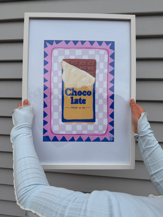 Bright chocolate illustration art print with bold colours, hand drawn food artwork for colourful home decor